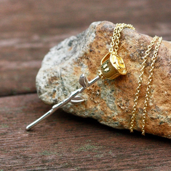 Romantic Two Tone Rose Flower Pendant Sterling Silver 925 , Flower Necklace - Picture 7 of 10